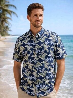 Reyn Spooner Hawaiian Shirt Mens Medium Reverse Print Floral Button Down Cotton